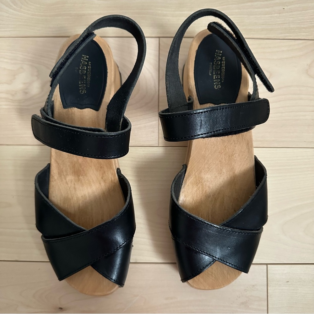 Swedish Hasbeens Leather Platform Sandals Wood Clog Heel Adjustable Velcro - Picture 4 of 12